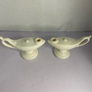 Vintage White Ceramic Ceremonial Masonic Aladdin Lamp and Candleholder